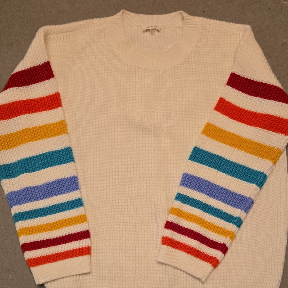 Womens Striped Sleeve Sweater Large Sugar + L!PS